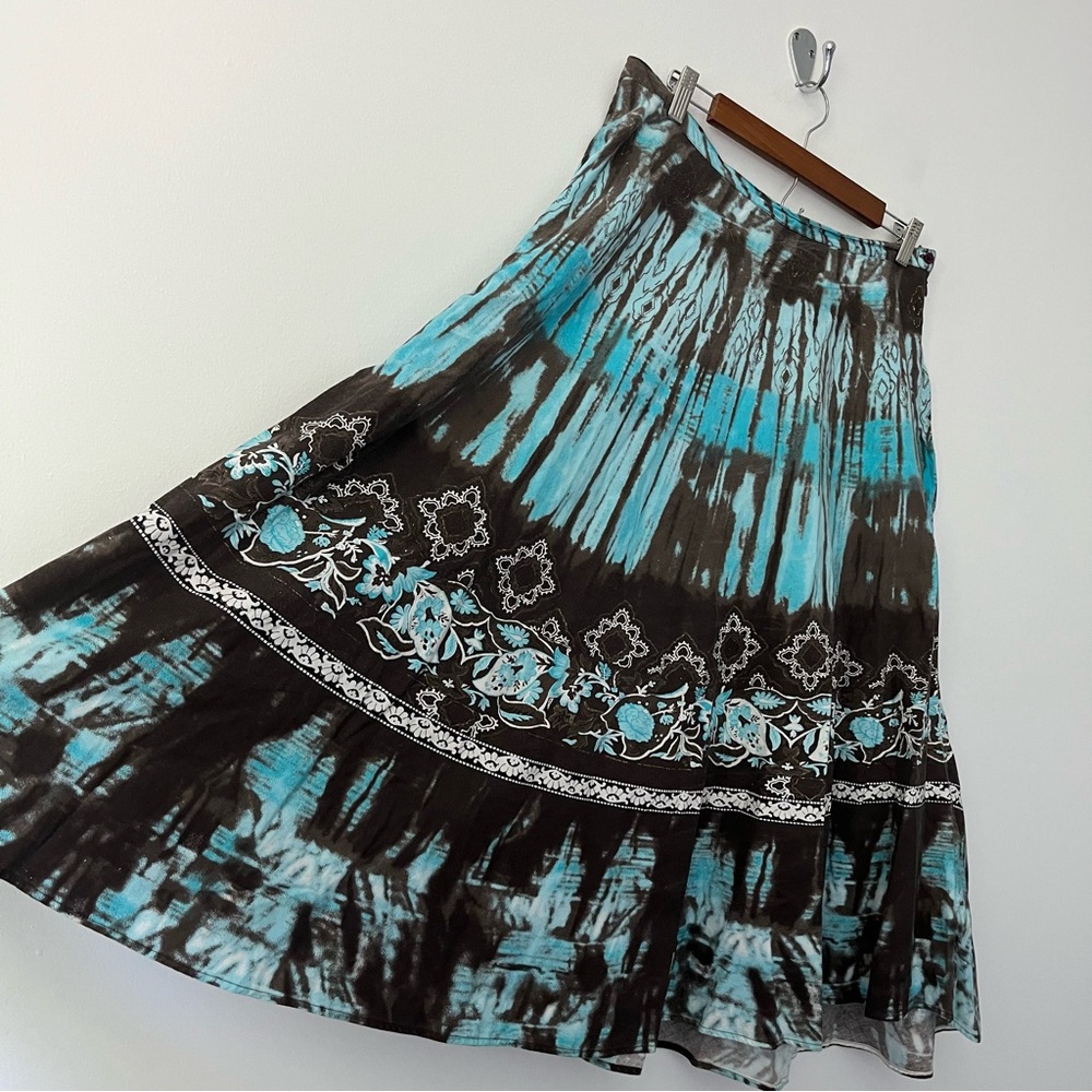 Coupe Floral Tie Dye Hope Bohemian Indian Aztec Blue Brown Midi Skirt Y2K L